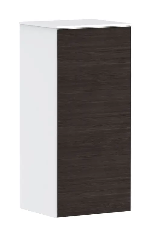 Heller halbhoher Schrank mit einer dunklen Holztür, links angeschlagen. Das Produkt ist von Hansgrohe und eignet sich zur platzsparenden Aufbewahrung in Badezimmern.